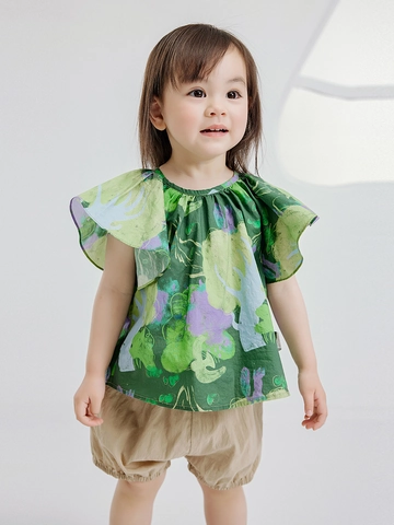 Toddler Girls Casual Summer Two-Piece Set Cotton Printed Ruffle Top And Tencel Blend Khaki Shorts Mori Style Outfit