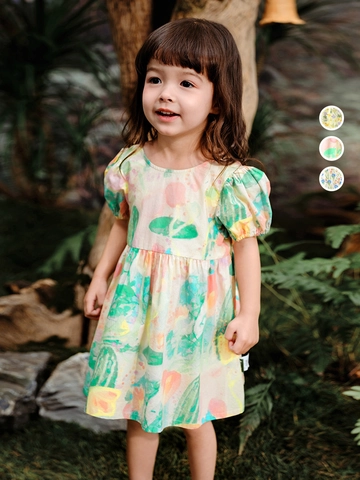 Girls Sweet Floral Princess Dress 100% Cotton Puff Sleeve Backless Cross Strap Summer A-Line Toddler Kids Clothing