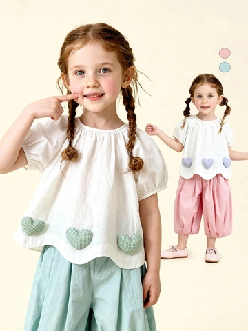 Girls Sweet Cotton Clothing Outfit Bubble Short Sleeve Shirt Plaid Heart Patches And Casual Lantern Pants Summer Clothes For Girls Kids