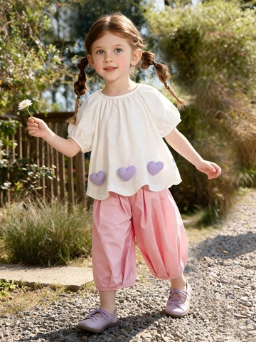 Girls Sweet Cotton Clothing Outfit Bubble Short Sleeve Shirt Plaid Heart Patches And Casual Lantern Pants Summer Clothes For Girls Kids