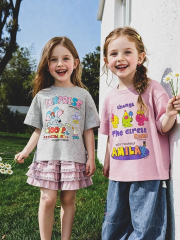 Girls Casual Cotton Short Sleeve T-Shirt Cartoon Animal Print Round Neck Summer Tee Top With Lace Patchwork