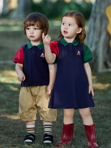 Kids Summer Cotton Color-Block Polo Shirt And Dress Preppy Short Sleeve Children Clothes For Boys Girls