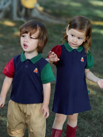 Kids Summer Cotton Color-Block Polo Shirt And Dress Preppy Short Sleeve Children Clothes For Boys Girls