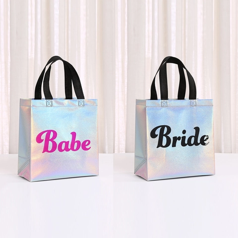 Laser Iridescent Non-Woven Gift Bag For Wedding Party Minimalist Bride Babe Printed Tote Handbag Candy Favor Packaging Bag
