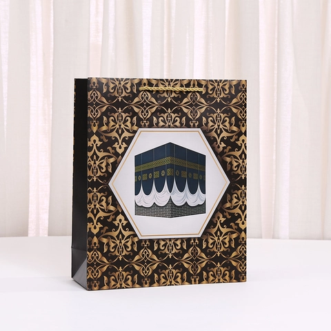 Islamic Eid Gift Bags Large Capacity White Cardboard Handheld Bag Gold Kaaba Patterns Mosque Festival Present Wrap Paper Packaging Bags