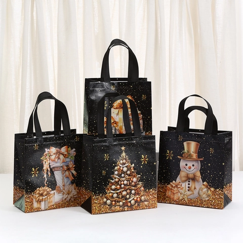 Weihnachten Vliesstoff Tragetasche Goldfoliendruck Wiederverwendbare Geschenkverpackung Tüten Für Feiertagsparty Einkauf Lagerung