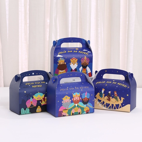 Epiphany Three Kings Day Gift Packaging Carrier Magi Crown Pattern Holiday Candy Muffin Portable Paper Container Blue