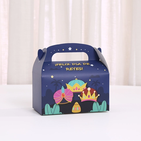 Epiphany Three Kings Day Gift Packaging Carrier Magi Crown Pattern Holiday Candy Muffin Portable Paper Container Blue