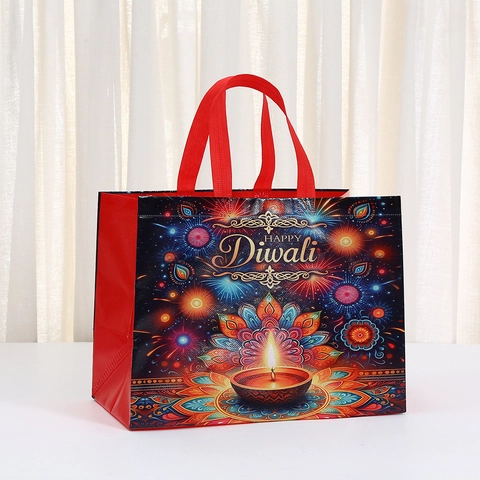 Happy Diwali Vliesstoff Geschenktüten Diya Lampe Mandala Feuerwerk Muster Große Kapazität Wiederverwendbare Handtaschen Für Party