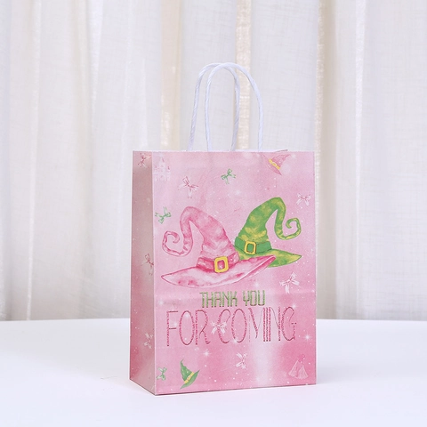 Cartoon Pink Hexe Druck Kraftpapier Geschenktüte Mit Griff Fantasie Thema Halloween Party Süßigkeiten Verpackung Handtasche