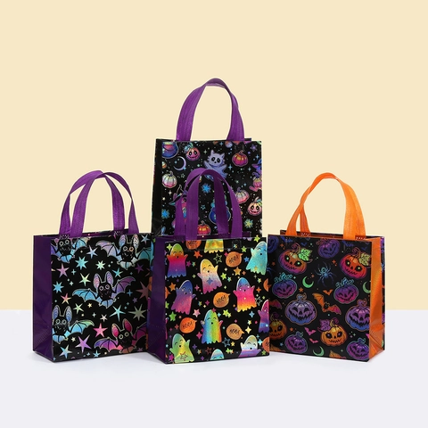 Halloween Non-Woven Laminated Gift Bag Cartoon Pumpkin Ghost Bat Print Handheld Candy Bag Festive Party Favor Shopping Bag