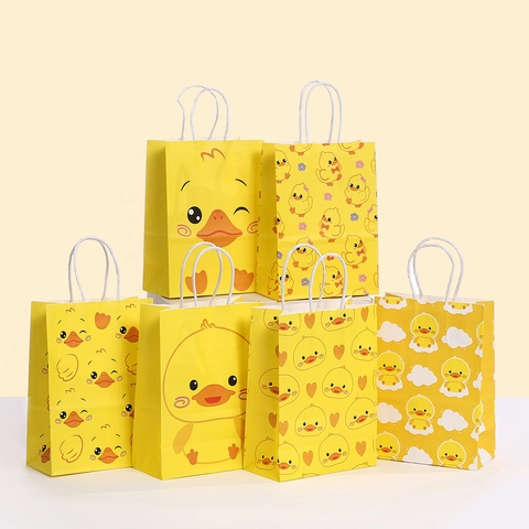 Bolsas de Regalo de Papel Kraft de Patito Amarillo de Dibujos Animados Con Asas para Recuerdos de Fiesta de Cumpleaños para Niños Lindos Bolsos de Papel Estampados