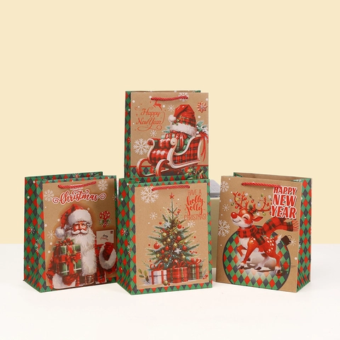 Weihnachten Neujahr Geschenktüte Weißer Karton Kraftpapierfarbe Griff Santa Rentier Karomuster Party Mitgebsel Papiertüte