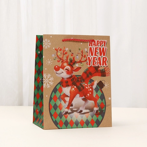 Weihnachten Neujahr Geschenktüte Weißer Karton Kraftpapierfarbe Griff Santa Rentier Karomuster Party Mitgebsel Papiertüte