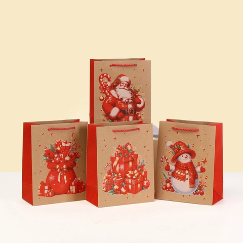 Bolsas de Regalo de Navidad de Cartulina Blanca Estampado Festivo Papá Noel Muñeco de Nieve Patrones Surtidos Bolsas de Embalaje Navideño Con Asas Rojas