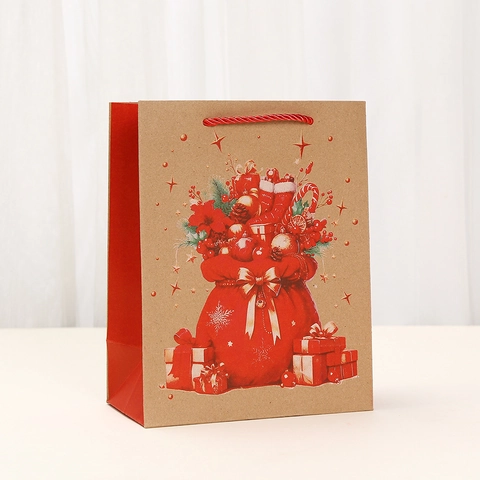 Bolsas de Regalo de Navidad de Cartulina Blanca Estampado Festivo Papá Noel Muñeco de Nieve Patrones Surtidos Bolsas de Embalaje Navideño Con Asas Rojas