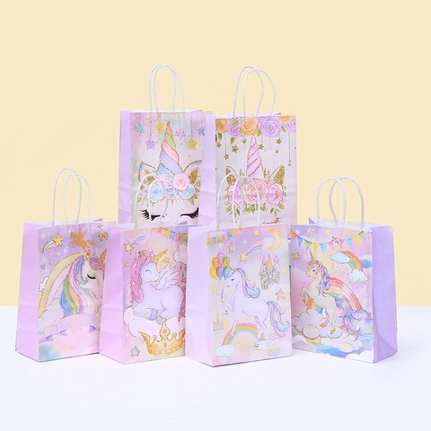 Unicorn Kraft Paper Gift Bags With Handles Cartoon Rainbow Castle Printing Dreamy Macaron Gift Bags For Birthday Party Favors