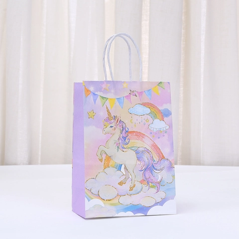 Unicorn Kraft Paper Gift Bags With Handles For Birthday Party Kids Girls Purple Pastel Dreamy Cartoon Goodie Treat Packaging