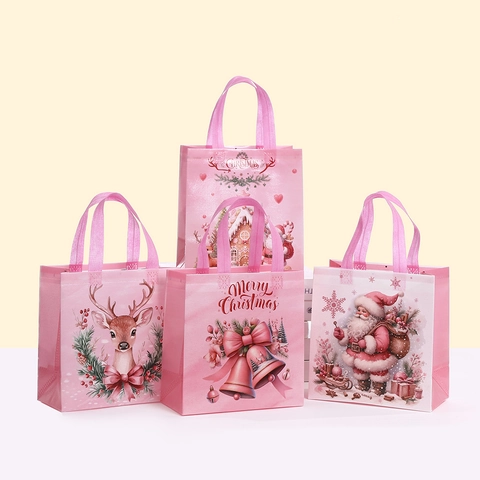 Pink Christmas Gift Bags Non-woven Santa Reindeer Print Holiday Party Favor Candy Tote Bags For Gift Wrapping