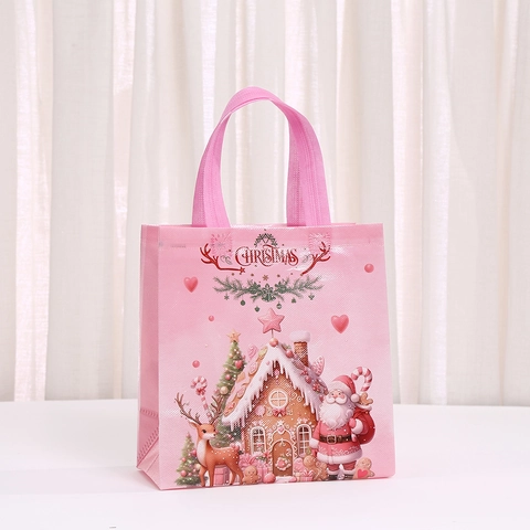Pink Christmas Gift Bags Non-woven Santa Reindeer Print Holiday Party Favor Candy Tote Bags For Gift Wrapping