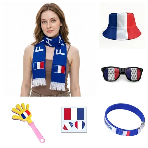 Ensemble de Supporter de la Coupe du Monde Écharpe de Drapeau National Chapeau Bob Lunettes de Soleil Main Tape-Tape Autocollant Bracelet pour Match de Football Événements Sportifs Fête