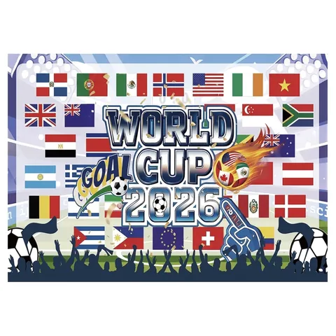 Toile de Fond de Photographie en Polyester avec Drapeaux Internationaux et Football pour Fête Sportive Célébration Décoration Bannière