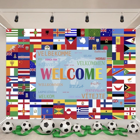 Internationaal Voetbaltoernooi Feest Achtergrond Wereldvlaggen Kaart Ontwerp Polyester Banner Voor Sportevenement Viering Decoratie
