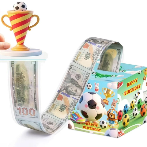 Voetbal Thema Verjaardag Geld Pull Box Verrassing Geld Trekken Geschenkdoos Met Trofee Topper Sport Stijl Party Benodigdheden Voor Kinderen Verjaardag Blauwe Papieren Doos
