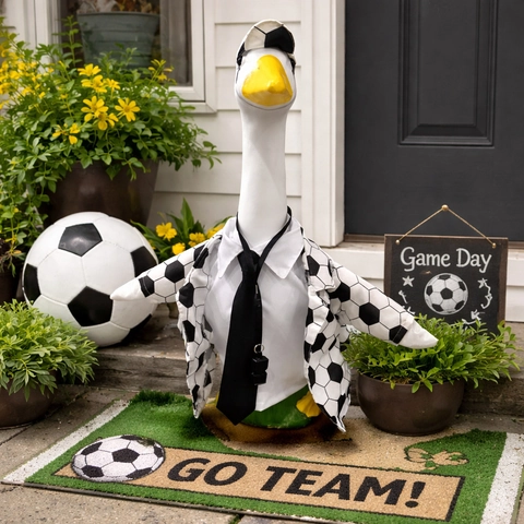 Vestito per Statua di Oca a Tema Calcio Con Cappello Fischietto Giacca e Cravatta per Decorazione Giardino Portico Regalo Fan