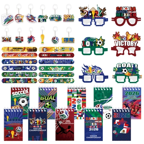 Soccer Championship Party Favor Set Including Decorative Glasses Keychains Slap Bracelets Notebooks And Cake Toppers For Sports Fans Celebration