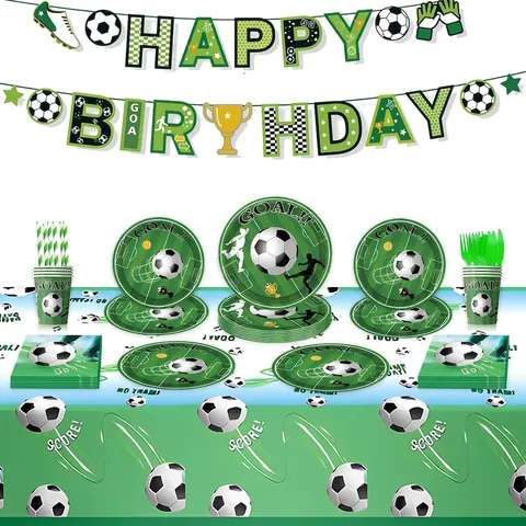 Set di Forniture per Feste di Compleanno a Tema Calcio Erba Verde Piatti di Carta Bicchieri Tovaglioli Tovaglia Striscione Palloncini per Bambini Decorazioni per Feste Sportive