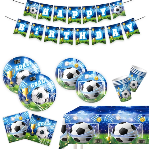 Decorazioni per Feste a Tema Calcio Stoviglie Piatti Bicchieri Tovaglioli Tovaglia Banner Cake Toppers Palloncini Per Ragazzi