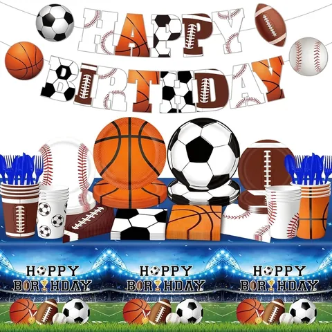 Sport Thema Geburtstag Party Zubehör Set Fußball Basketball Baseball Rugby Pappteller Tassen Servietten Tischdecke Banner Dekoration