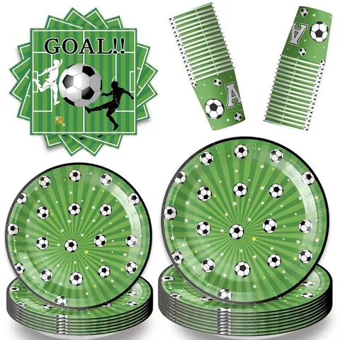 Green Soccer Theme Disposable Tableware Plates Cups Napkins For Kids Birthday Football Sports Event Celebration Decorations