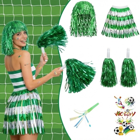 Soccer Fan Cheerleader Accessories Collection Green Metallic Tinsel Wig Tassel Skirt Pom Poms Whistle For Performance Sports Event Party