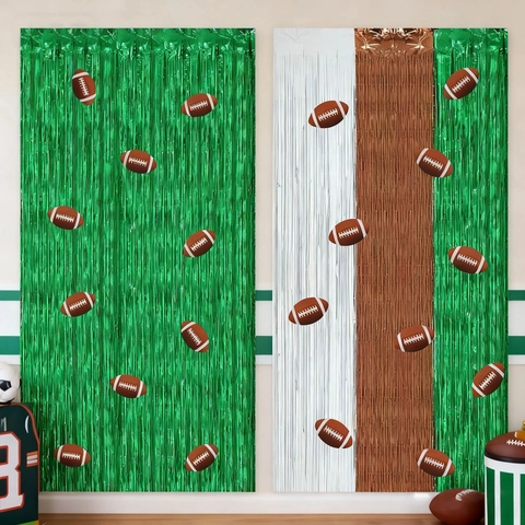 Rideau à Franges en Lametta Thème Football Américain Fond de Fête Vert Blanc Marron Style Sportif Décorations