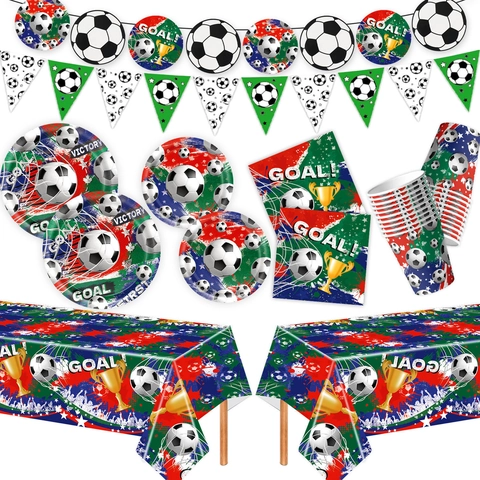Set di Decorazioni per Feste usa e Getta a Tema Calcio Piatti di Carta Bicchieri Tovaglioli Tovaglia Banner per Celebrazione Sportiva