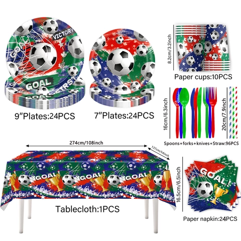Set di Decorazioni per Feste usa e Getta a Tema Calcio Piatti di Carta Bicchieri Tovaglioli Tovaglia Banner per Celebrazione Sportiva