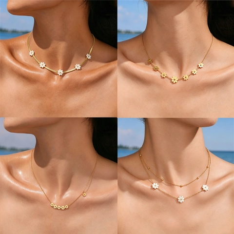 Daisy Flower Necklace Stainless Steel Gold Plated Snake Chain Dainty Floral Jewelry For Women Aesthetic Elegant