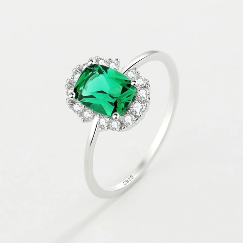 925 Sterling Silber Ring Vintage Diana Stil Rechteckiger Smaragdgrüner Edelstein Halo Zirkon Damen Schmuck