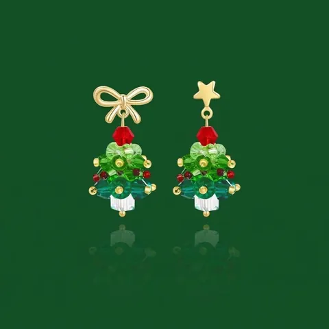 Weihnachtsbaum Schleife Stern Asymmetrische Ohrringe Damen Kristall Künstliche Perlen Legierung Tropfen Ohrringe Edelstahl Stift Geschenk