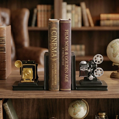 Vintage Industrial Resin Camera And Projector Bookends For Study Office Decorative Movie Theme Book Stand Ornament