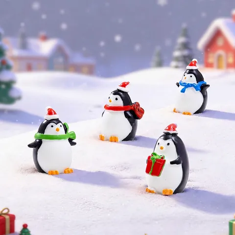 Christmas Miniature Penguin Figurines Resin Cartoon Micro Landscape Desktop Ornaments Holiday Decor Gift Small Winter Animal