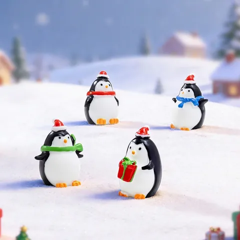 Christmas Miniature Penguin Figurines Resin Cartoon Micro Landscape Desktop Ornaments Holiday Decor Gift Small Winter Animal