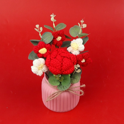 Handgefertigte Häkelrose Blumen Topfpflanze Strickwolle Künstliche Florale Dekoration Keramiktopf Schreibtisch Dekor Geschenk