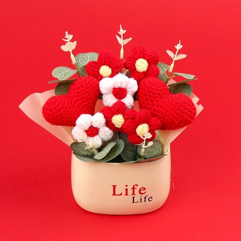 Pianta In Vaso Di Fiori All'Uncinetto Fatta A Mano Fiori Di Maglia A Forma Di Cuore Ornamento Da Tavolo Regalo Creativo