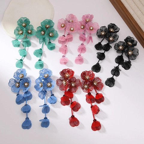 Orecchini a Bottone a Forma di Fiore Oversize di Design Con Nappa Lunga Perno in Acciaio Lega Maglia Metallica Verniciata Strass Orecchini Pendenti per Gioielli da Donna