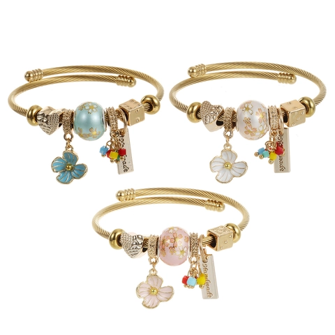 Stainless Steel Gold Plated Adjustable Bangle Bracelet For Women With Enamel Flower Heart Charms And Beaded Handmade Jewelry