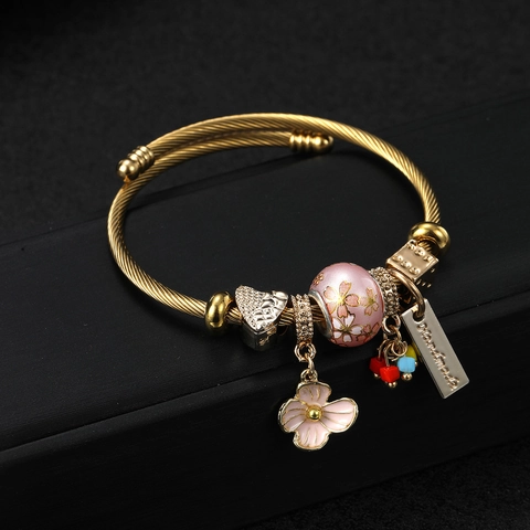Stainless Steel Gold Plated Adjustable Bangle Bracelet For Women With Enamel Flower Heart Charms And Beaded Handmade Jewelry
