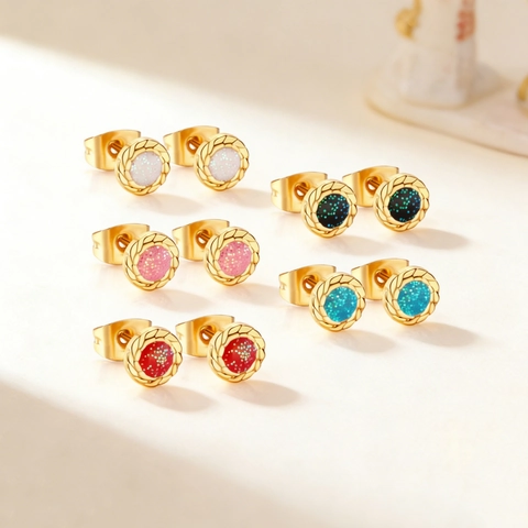 Runde Knopoorbellen Roestvrij Staal 18K Verguld Glitter Glinstering Gedraaide Touwrand Hypoallergeen Zoete Stijl Vrouwen